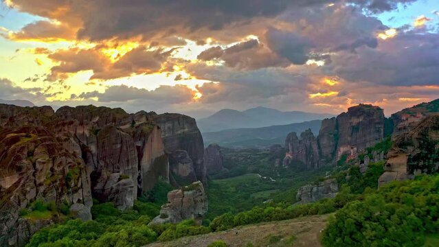 Meteora Kalambaka Greece tourist travel destination. Sunset aerial landscape