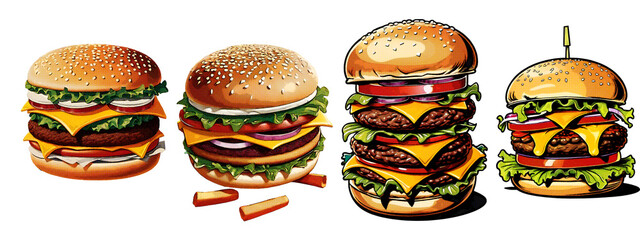 Collection of vintage illustrations with effects Halftone cartoon style in 1950's, Illustration of hamburger, Transparent background PNG.