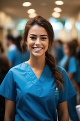 A smiling young female nurse in blue scrubs