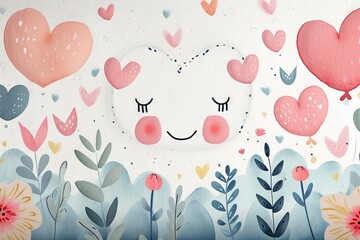 Minimalism and abstract cartoon pattern, vector very cute kawaii and charming valentine clipart, organic forms, desaturated light and airy pastel color palette, nursery art, white background.