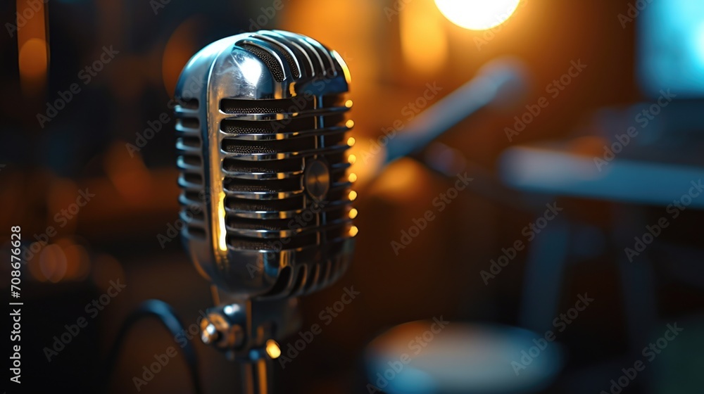 Poster A close-up view of a microphone with a captivating light in the background. Perfect for adding a professional touch to any music or podcast-related project