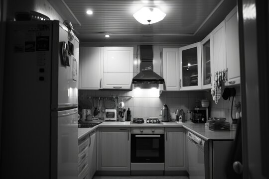A black and white photo showcasing a kitchen. Perfect for home decor or interior design projects