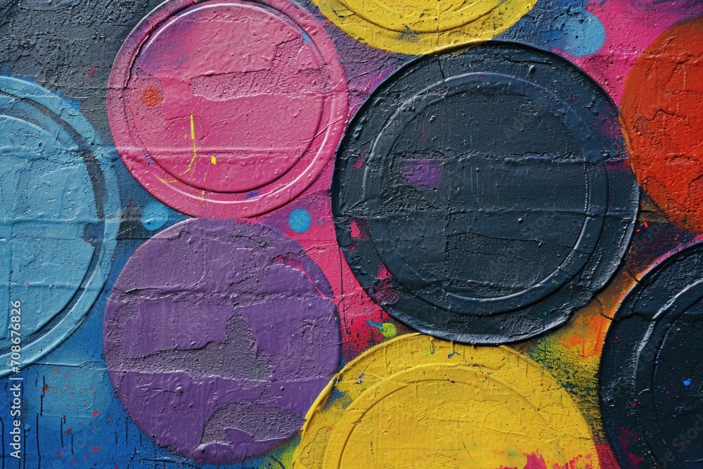 Poster A detailed view of a wall covered in layers of vibrant paint. Perfect for adding a pop of color to any design project