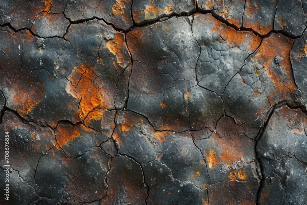 Poster A close up view of a cracked surface with orange paint. This image can be used to depict decay, deterioration, or an aged texture. It can also be used as a background or texture for design projects