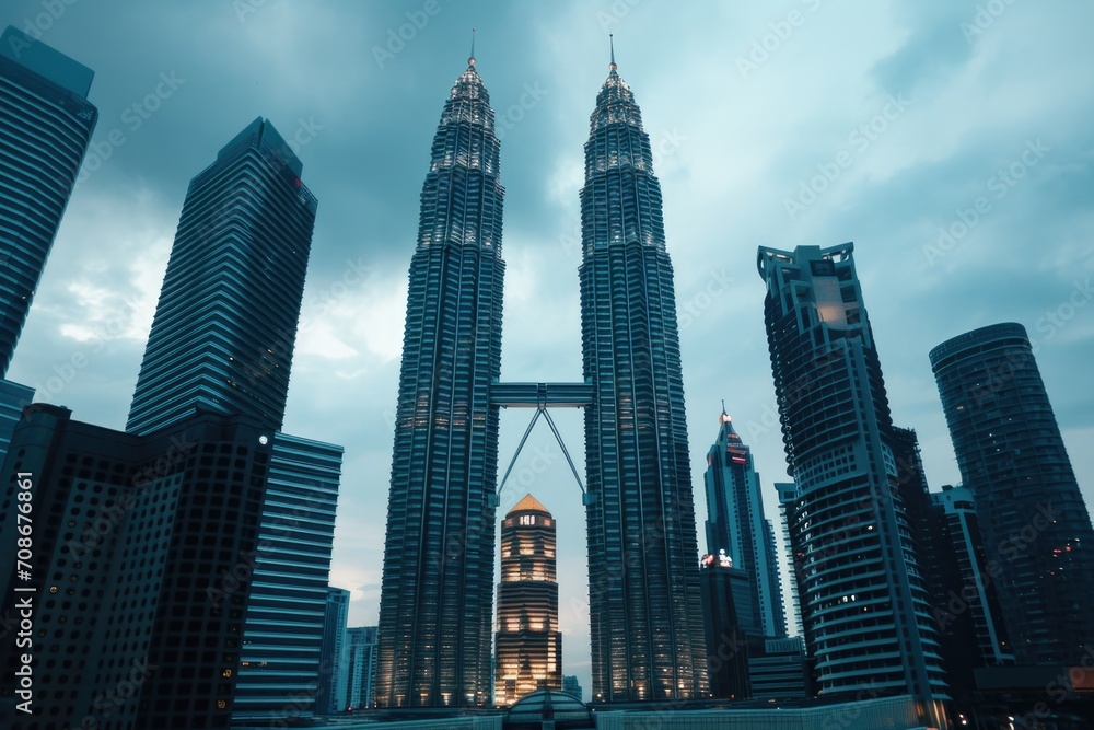 Poster a view of some very tall buildings in a city. this image can be used to depict urban life and modern