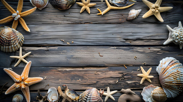 Seashells on Wooden Planked Background with Copy Space