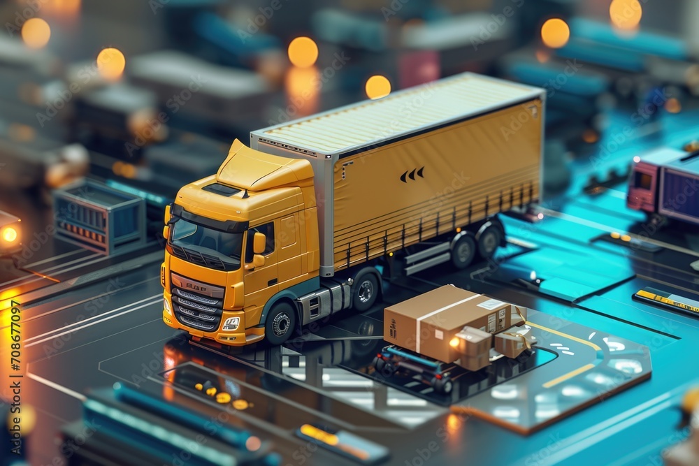 Poster toy truck placed on top of a circuit board. suitable for technology, toys, and engineering concepts