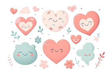 Minimalism and abstract cartoon pattern, vector very cute kawaii and charming valentine clipart, organic forms, desaturated light and airy pastel color palette, nursery art, white background.