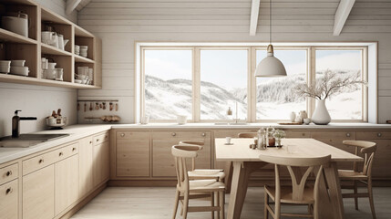 Cozy Scandinavian kitchen with large window with winter landscape view
