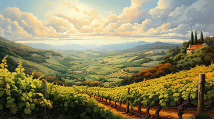 Naklejka premium Beautiful vineyard landscape illustration in the sunset
