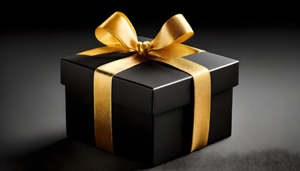 3d black gift box with gold wrapping ribbon.
