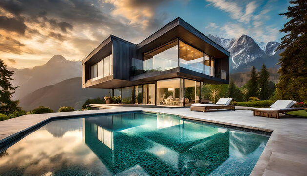 Contemporary house with pool, Modern exterior of a luxury villa in a minimal style.