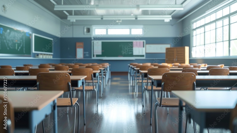 Poster A classroom with rows of desks and chairs, suitable for educational and learning concepts