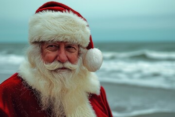 Santa Claus standing on a beach near the ocean. Perfect for holiday or Christmas-themed designs