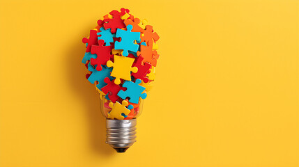 Light Bulb Made Out Of Puzzle Pieces On Yellow Background with Copy Space. Imagination Concept - Generative Ai - Powered by Adobe