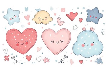Minimalism and abstract cartoon pattern, vector very cute kawaii and charming valentine clipart, organic forms, desaturated light and airy pastel color palette, nursery art, white background.