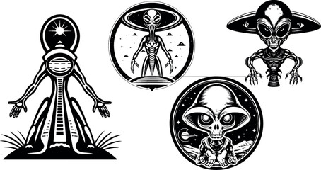 Giant alien, vintage logo line art concept. Aliens and ufo set, space, great set collection clip art Silhouette, Black vector illustration on white background. 