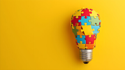 Light Bulb Made Out Of Puzzle Pieces On Yellow Background with Copy Space. Imagination Concept