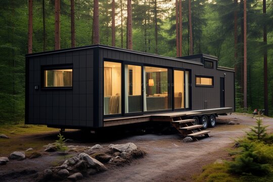 Modern tiny house on wheels in the woods