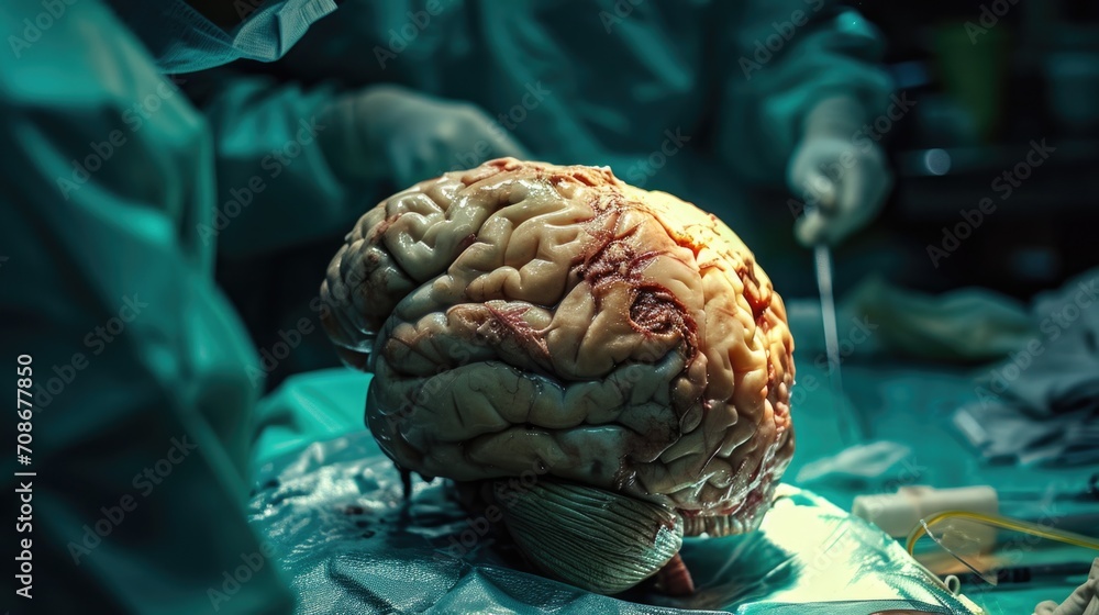 Poster a close up view of a human brain resting on a table. this image can be used in medical or scientific