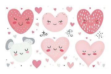 Minimalism and abstract cartoon pattern, vector very cute kawaii valentine clipart, organic forms, desaturated light and airy pastel color palette, nursery art, white background.