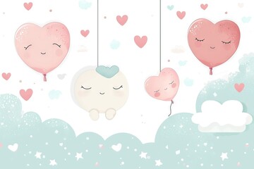 Minimalism and abstract vector very cute kawaii valentine clipart, organic forms, desaturated light and airy pastel color palette, nursery art, white background.