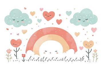 Minimalism and abstract vector very cute kawaii valentine clipart, organic forms, desaturated light and airy pastel color palette, nursery art, white background.