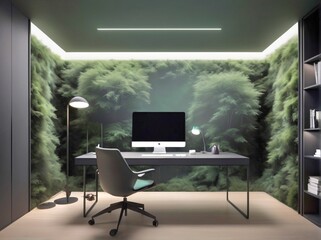 modern office interior with Apple iMac Light, Chair, and soft lighting on top.
