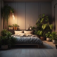 Modern cozy wooden bedroom, eco interior design with beige colors and plants. photo realistic background, ai illustration