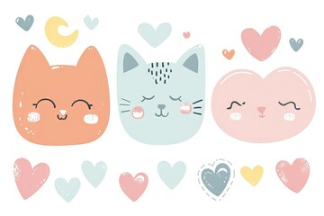 Obraz na płótnie Canvas Minimalism and abstract vector very cute kawaii valentine clipart, organic forms, desaturated light and airy pastel color palette, nursery art, white background.