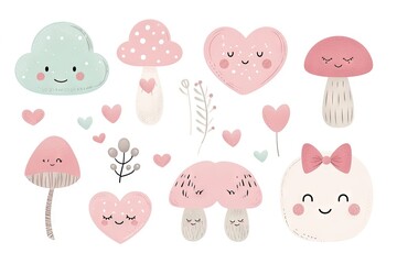 Fototapeta premium Minimalism and abstract vector very cute kawaii valentine clipart, organic forms, desaturated light and airy pastel color palette, nursery art, white background.