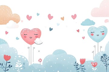 Minimalism and abstract vector very cute kawaii valentine clipart, organic forms, desaturated light and airy pastel color palette, nursery art, white background.