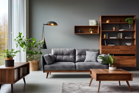 A mid-century modern living room with a gray leather sofa and wood furniture