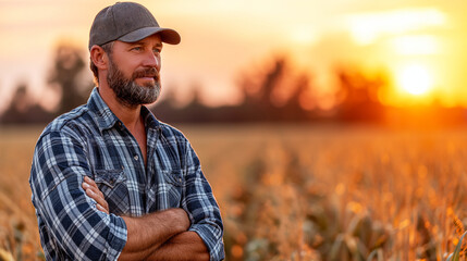 man in a plaid shirt and cap stands in a golden field at sunset, looking proudly across the farmland