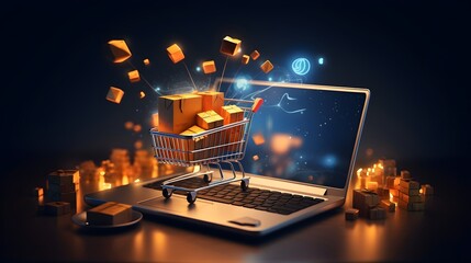 Shopping cart with colorful boxes on dark background. 3D rendering