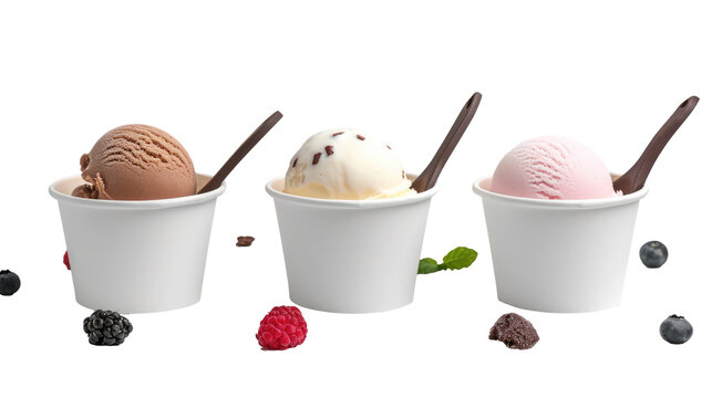 isolated set of Ice cream scoops on a white blank empty paper cup bowl on a white background cutout