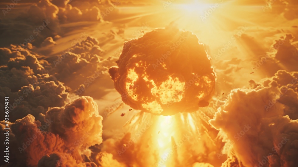 Poster a powerful nuclear explosion captured in the sky. perfect for illustrating destruction, warfare, and