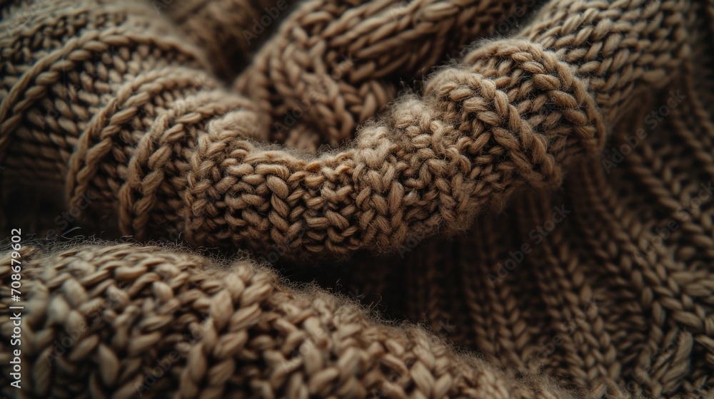 Poster A detailed view of a cozy brown knitted blanket. Perfect for adding warmth and texture to any space
