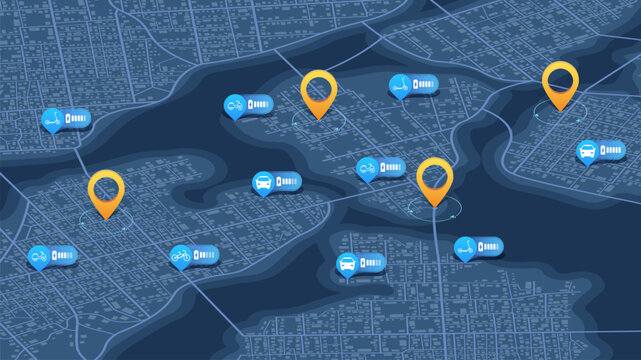 Rental service: kick scooter, bicycle, electric car. App for search, rent transport. Connected vehicle remote parking. Map location mark. Battery vehicles tracker. Editable vector illustration
