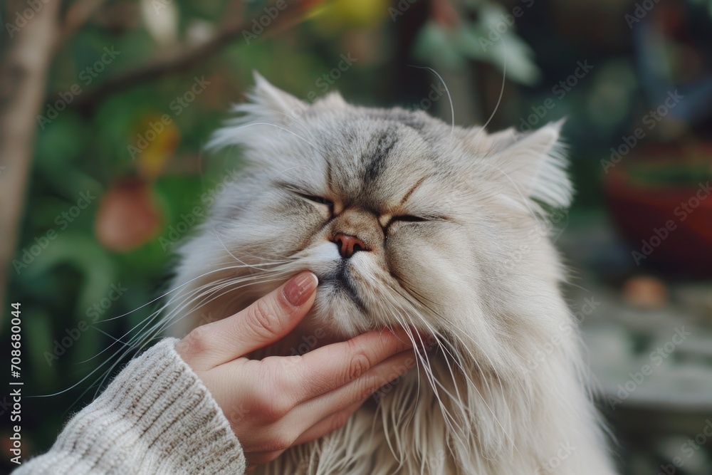 Poster a person gently petting a cat with their eyes closed. suitable for various uses