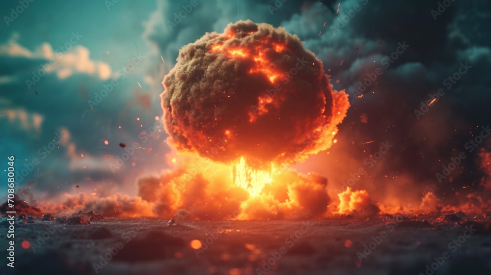 Poster A powerful explosion releasing vibrant orange and black smoke. Perfect for adding a dynamic and intense atmosphere to any project