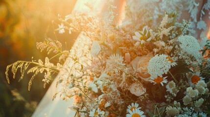 A bride holding a bouquet of flowers, illuminated by the sun. Perfect for wedding-related projects or romantic themes - Powered by Adobe