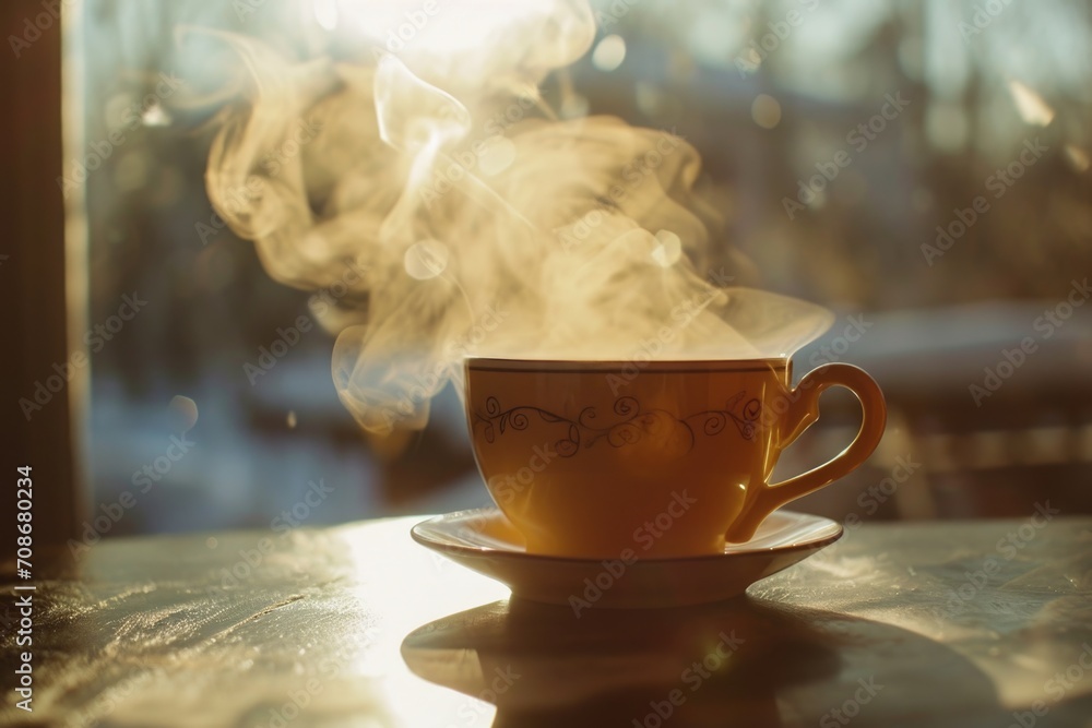 Poster a cup of coffee with steam rising out of it. perfect for use in coffee shop promotions or to add a c
