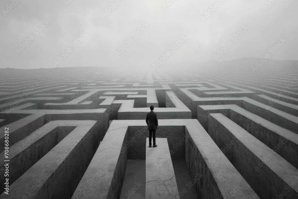 Poster A man standing in front of a large maze. This image can be used to represent challenges, problem-solving, decision-making, and finding one's way through complex situations