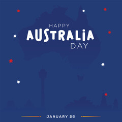 Happy Australia day lettering. Map of Australia with flag on a blue background. Vector illustration