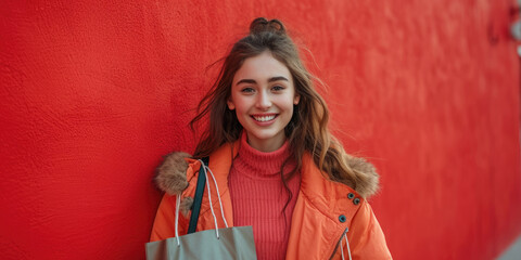 Ein Mädchen in lässiger Mode mit Einkaufstüten - obrazy, fototapety, plakaty