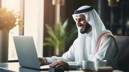 A smiling Emirati man using laptop, - obrazy, fototapety, plakaty