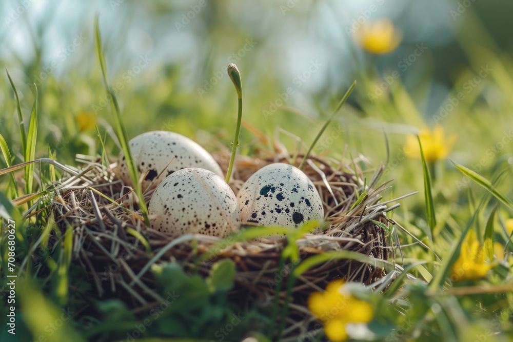 Poster Three eggs are seen resting in a nest placed on the grass. This image can be used to depict the beauty of nature and new beginnings