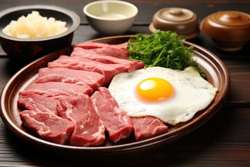 Raw beef and egg on a plate