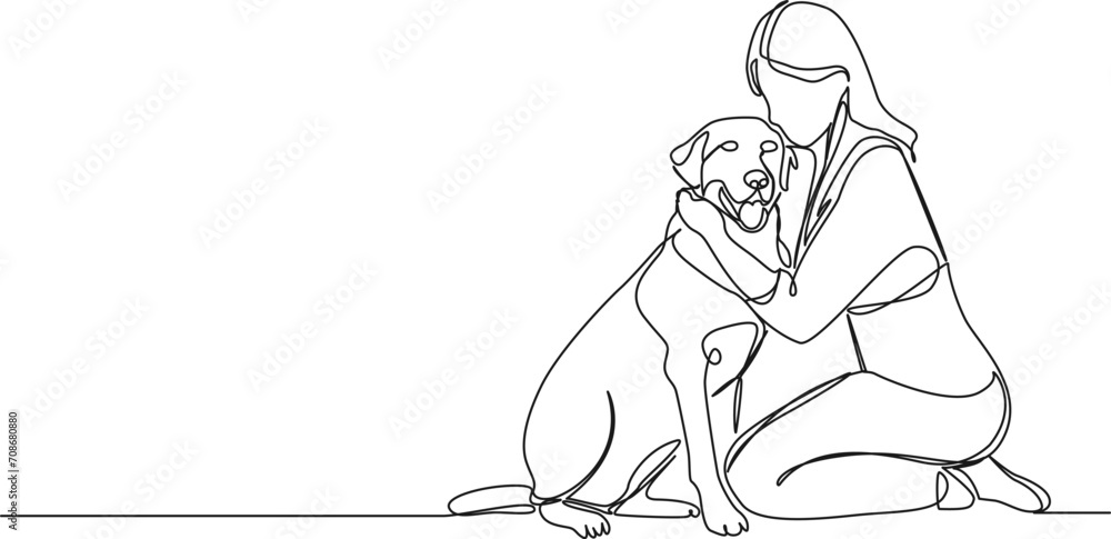 Wall mural continuous single line drawing of woman kneeling on floor hugging her dog, line art vector illustration - Wall murals